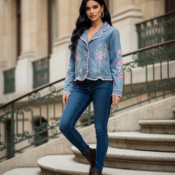 Mechant Blue Jean Jacket with Pink Embroidery - Picture 3 of 10